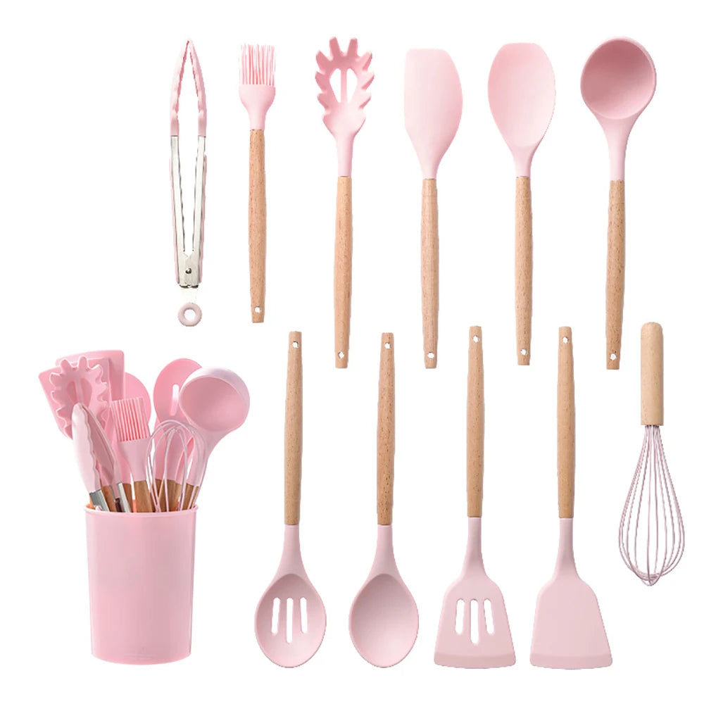 Silicone Kitchen Utensils Set Nonstick With Wooden Handles