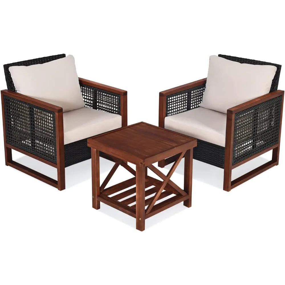 Beige Outdoor 3 Piece Wicker Patio Set With Coffee Table