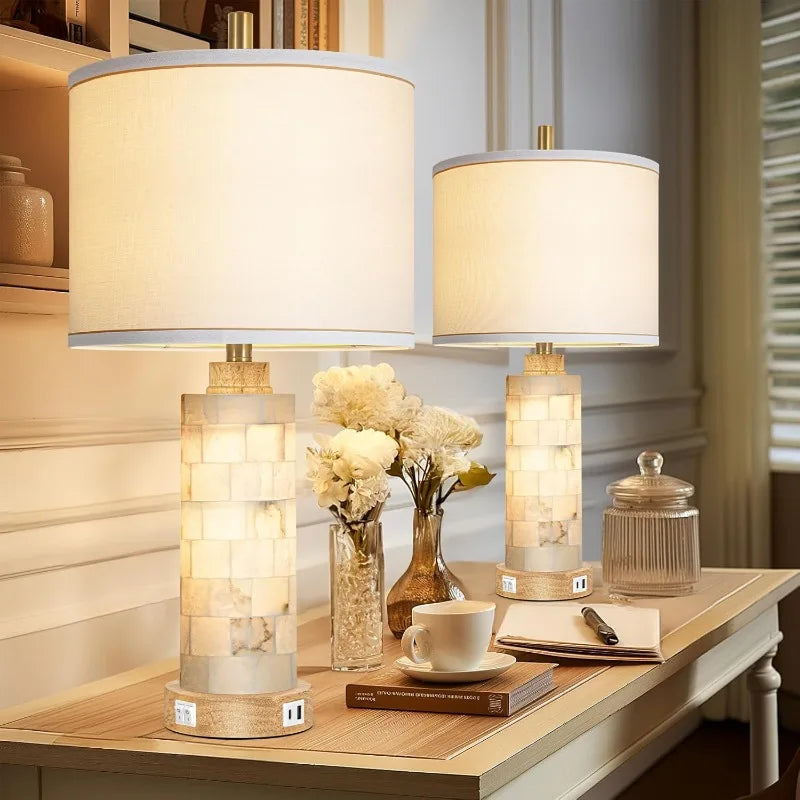 Natural Alabaster and Wood Table Lamps Set of 2 With USB