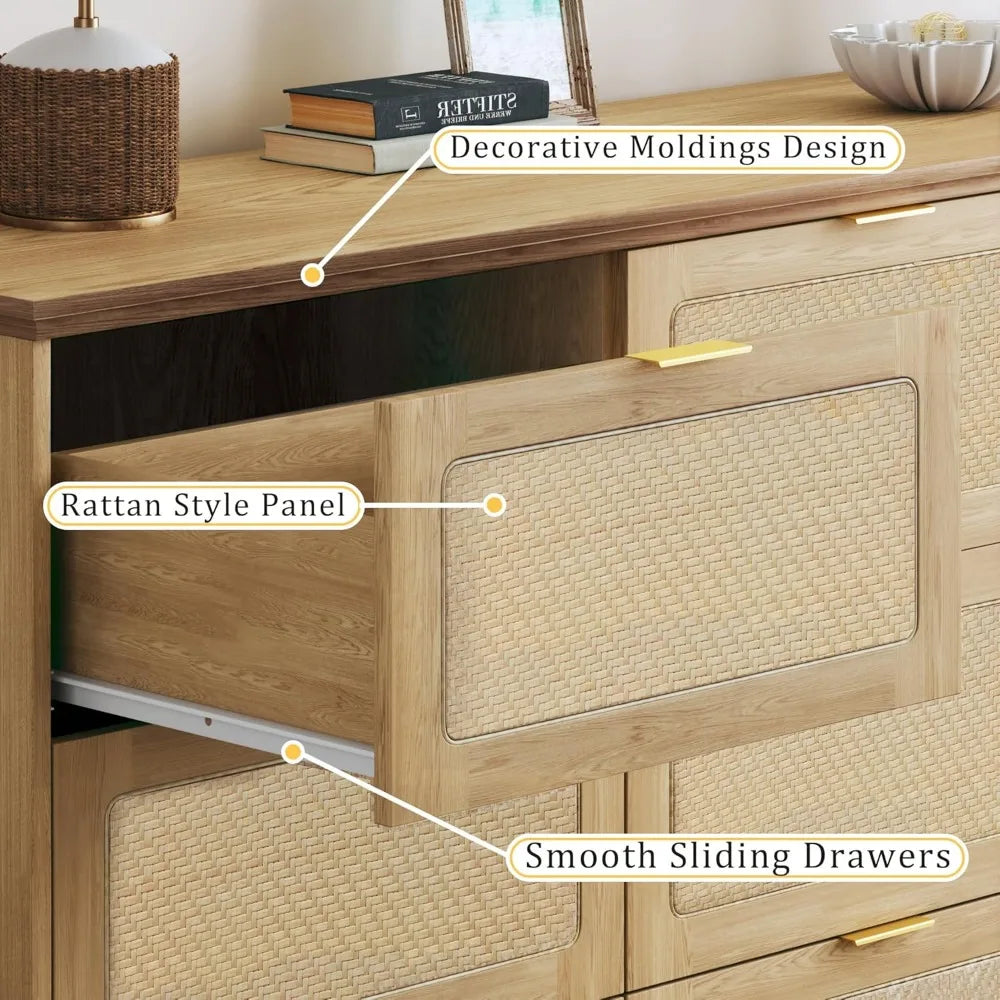 Boho Style 9 Drawer Dresser And TV Stand Natural Oak Finish