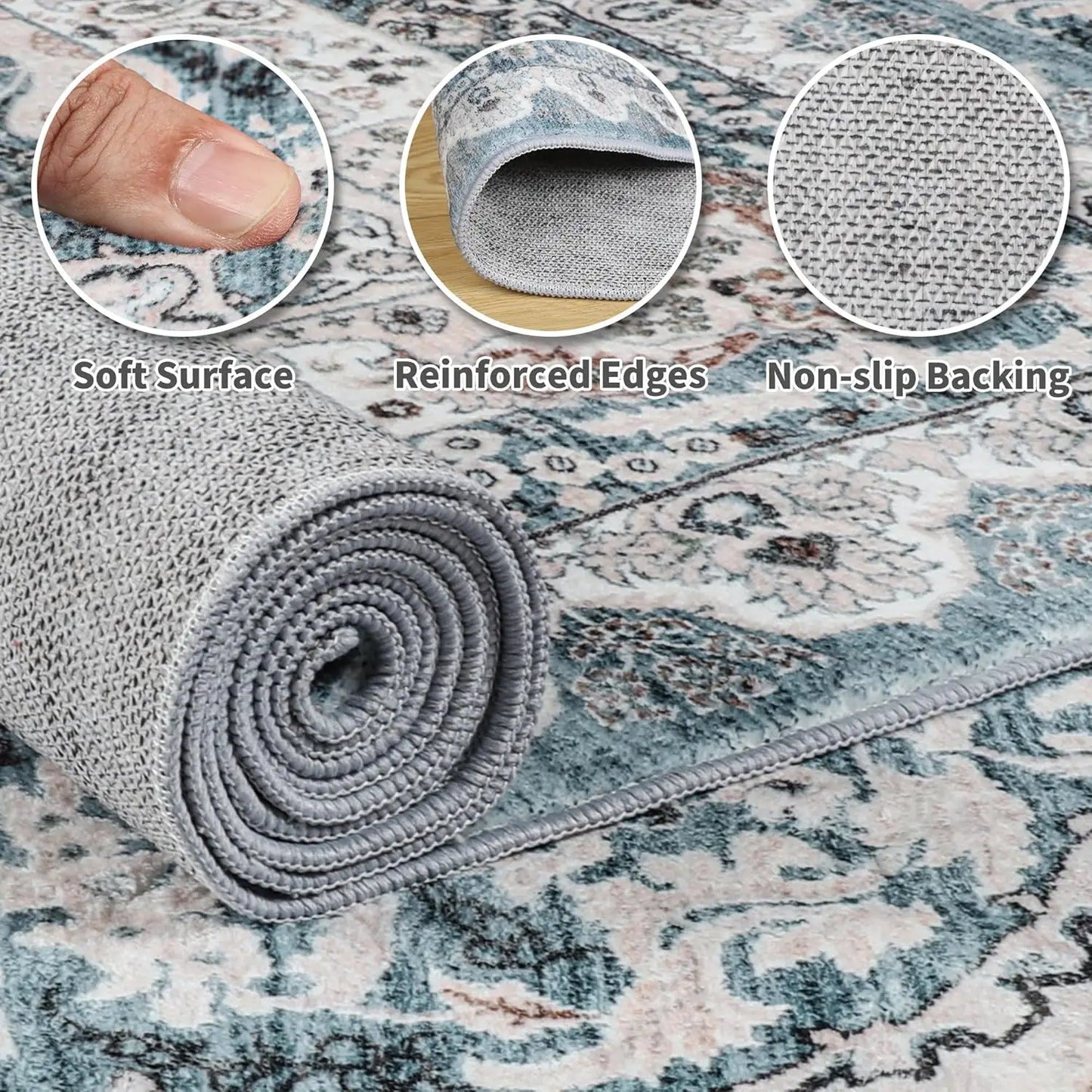 Machine Washable Vintage Area Rug Non Slip Low Pile Backing