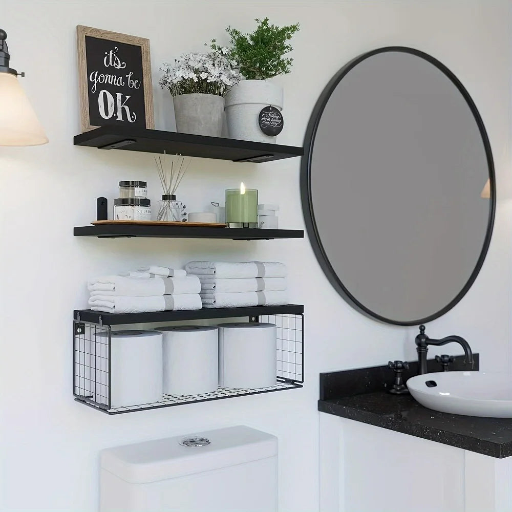 Triple Tier Wall Mounted Floating Shelves Wood Bathroom
