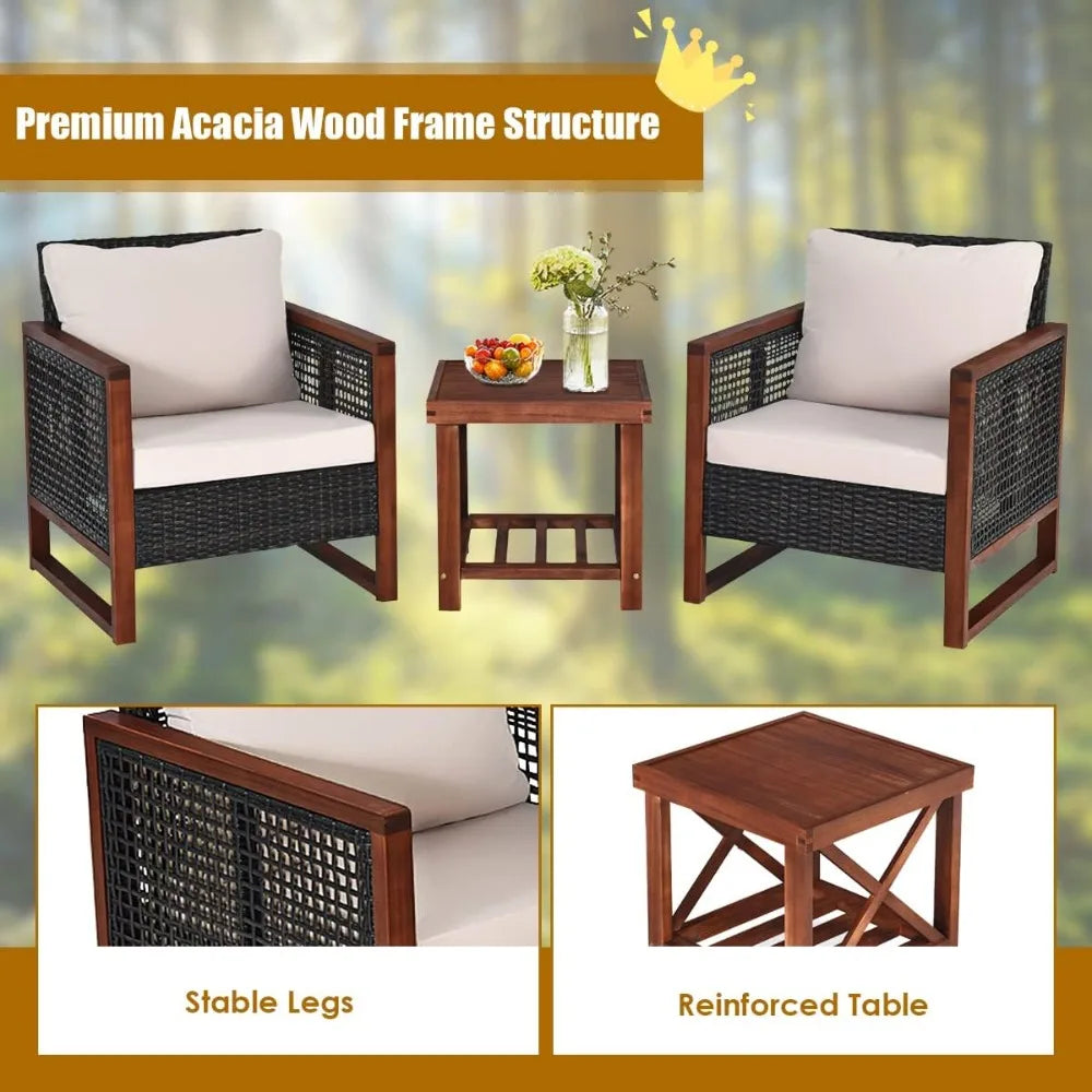 Beige Outdoor 3 Piece Wicker Patio Set With Coffee Table