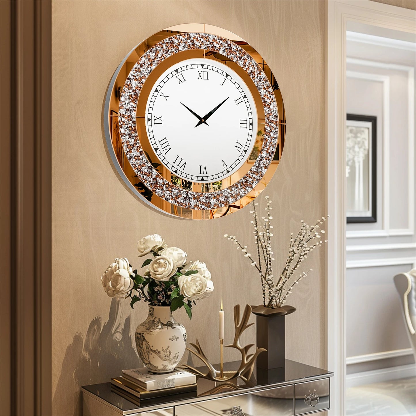 Silver Round Mirror Clock Bling Glam Wall Decor Sparkle 80cm