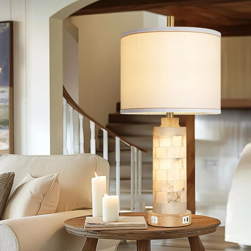 Natural Alabaster and Wood Table Lamps Set of 2 With USB