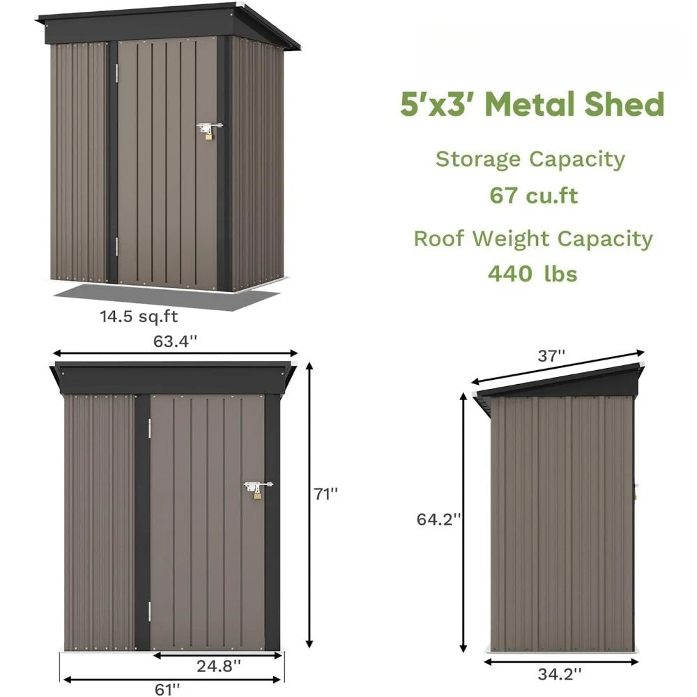 5x3 Ft Outdoor Metal Storage Shed With Sloped Roof Brown