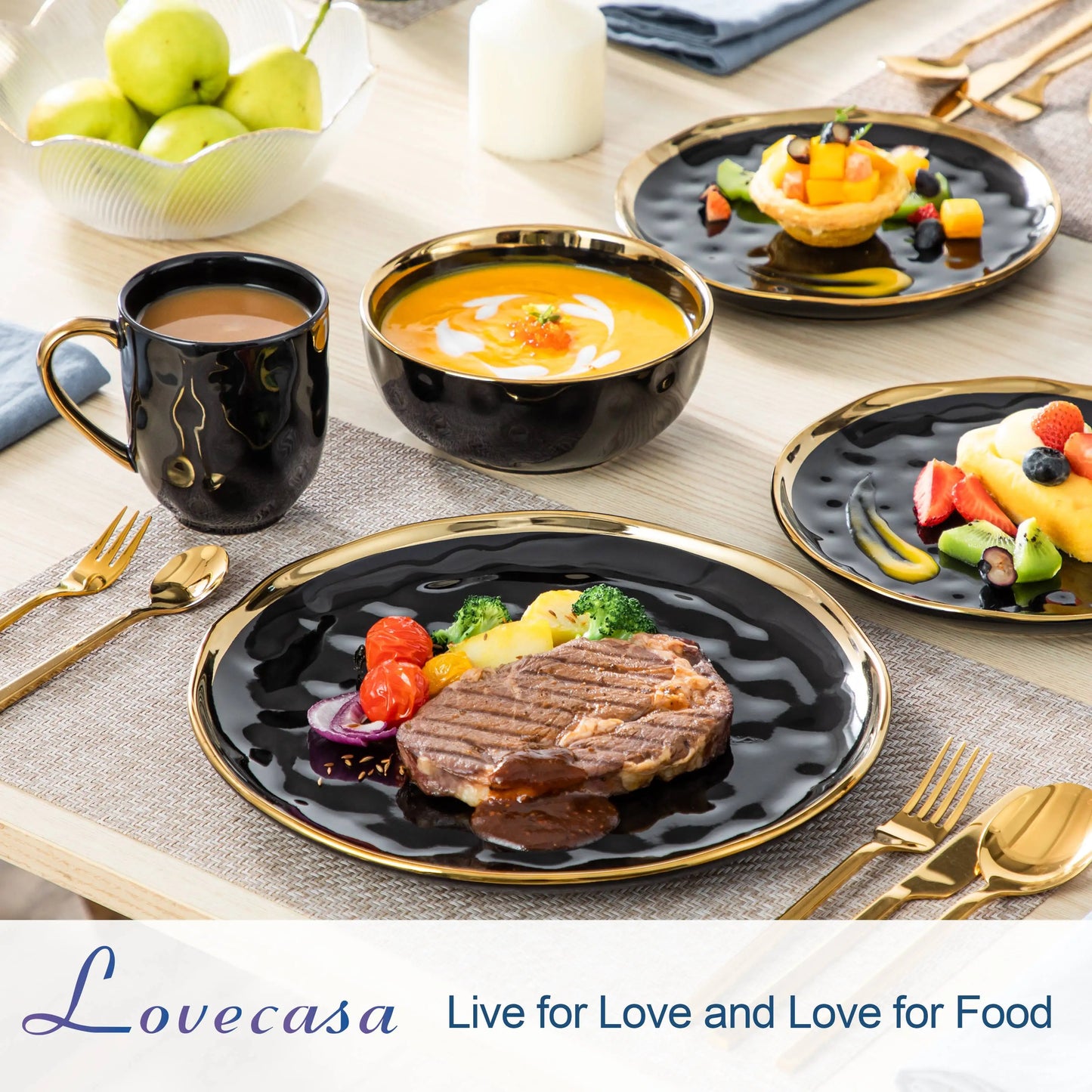 Black Porcelain Dinnerware Set With Gold Trim 16 Piece