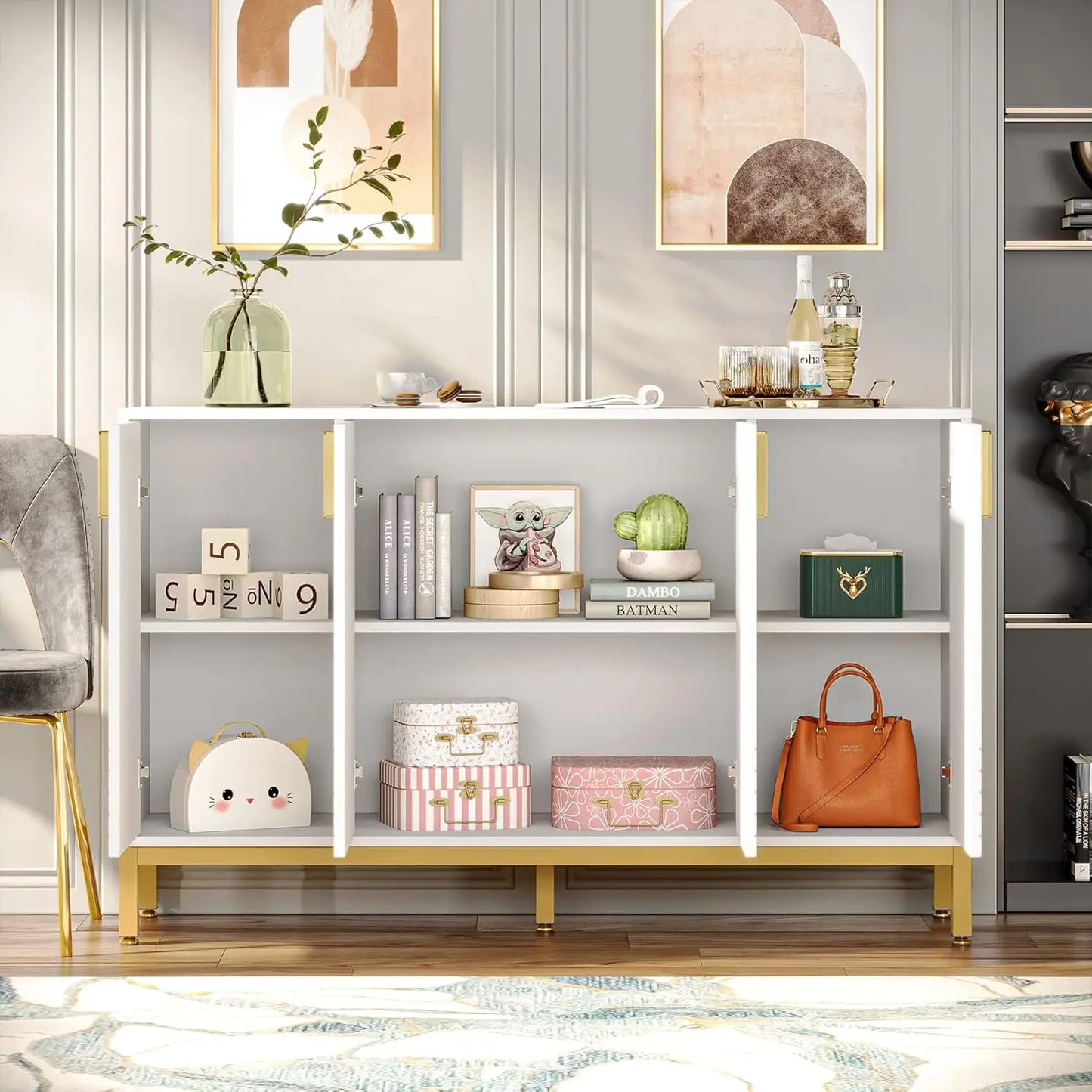 Modern 59 Inch Console Buffet Cabinet With Gold Metal Base
