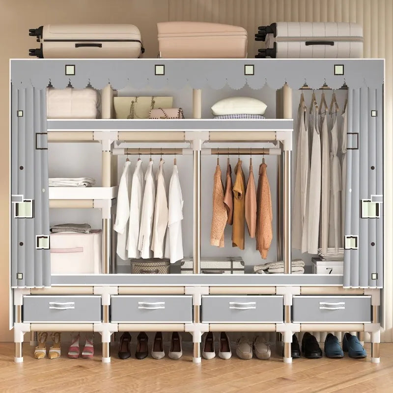 Portable Wardrobe clothes Closet Hanging Organization Metal Frame 5 Storage Compartments 3 Hanging Rods 4 Drawers shoe rack