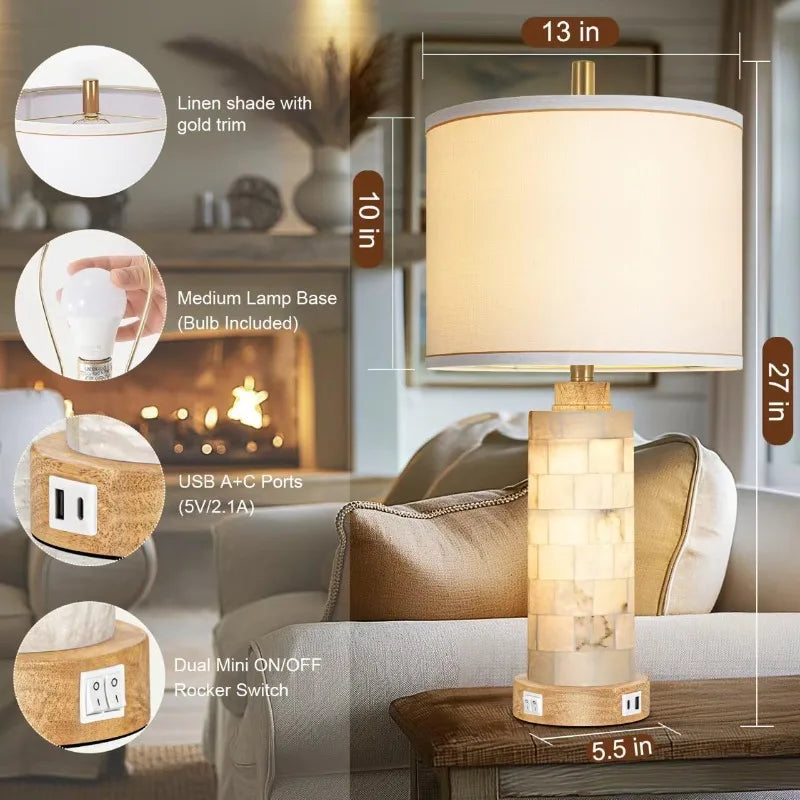 Natural Alabaster and Wood Table Lamps Set of 2 With USB