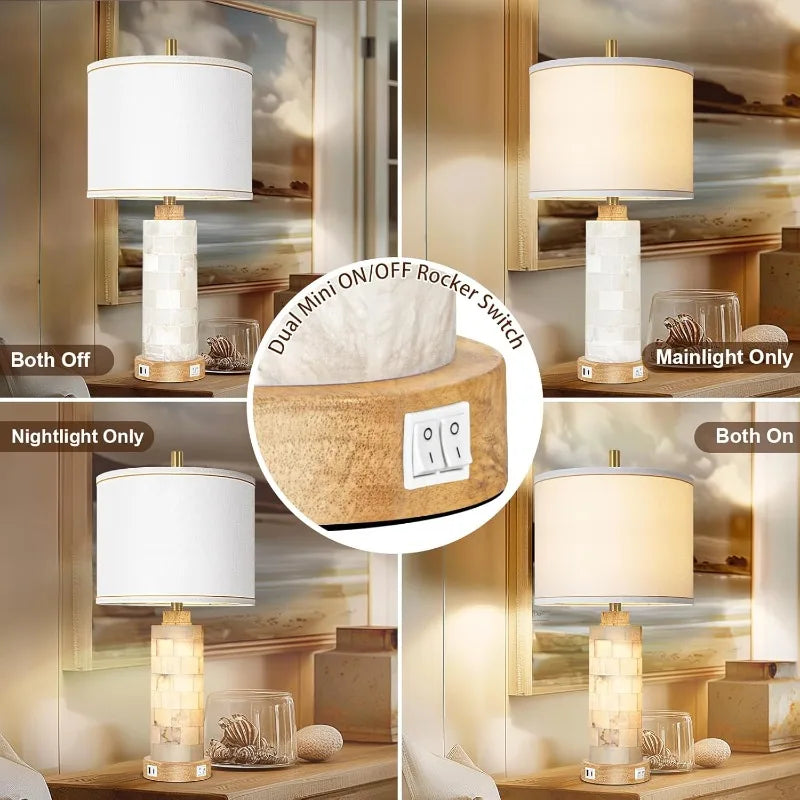 Natural Alabaster and Wood Table Lamps Set of 2 With USB