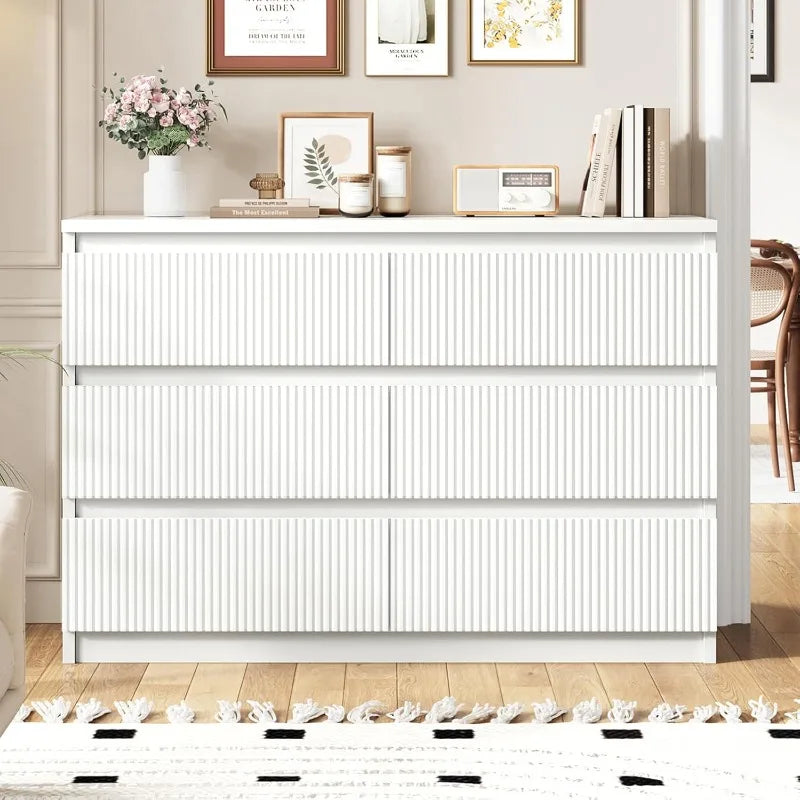 White Six Drawer Dresser Modern Fluted Deep Drawers