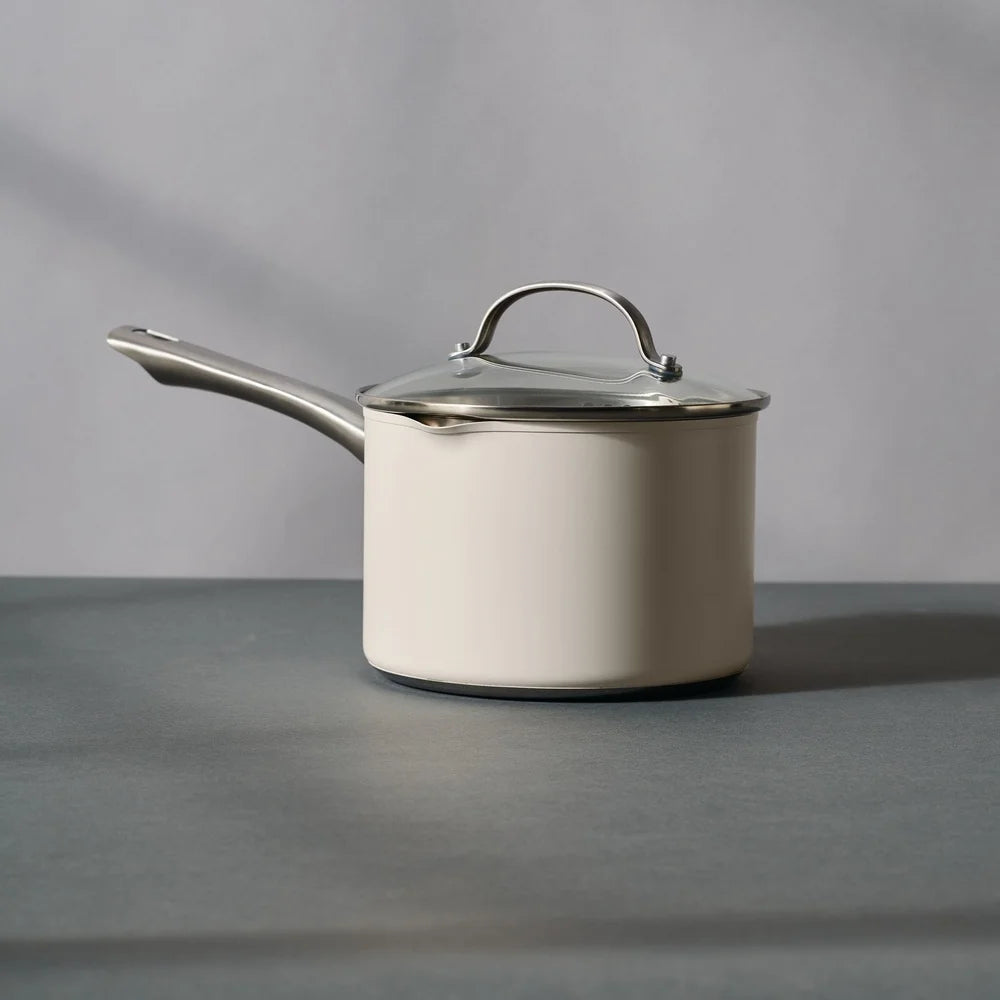 Luster 3-Quart Stainless Steel Straining Saucepan with Lid Dishwasher Safe Oven Safe Heat Conductive Aluminum Modern Cookware