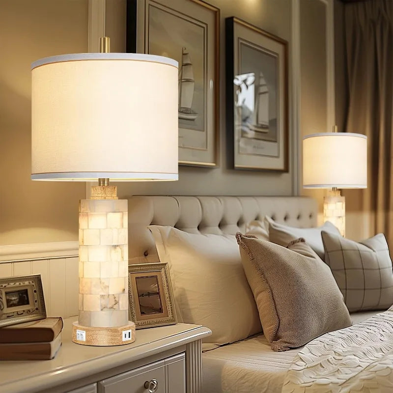 Natural Alabaster and Wood Table Lamps Set of 2 With USB