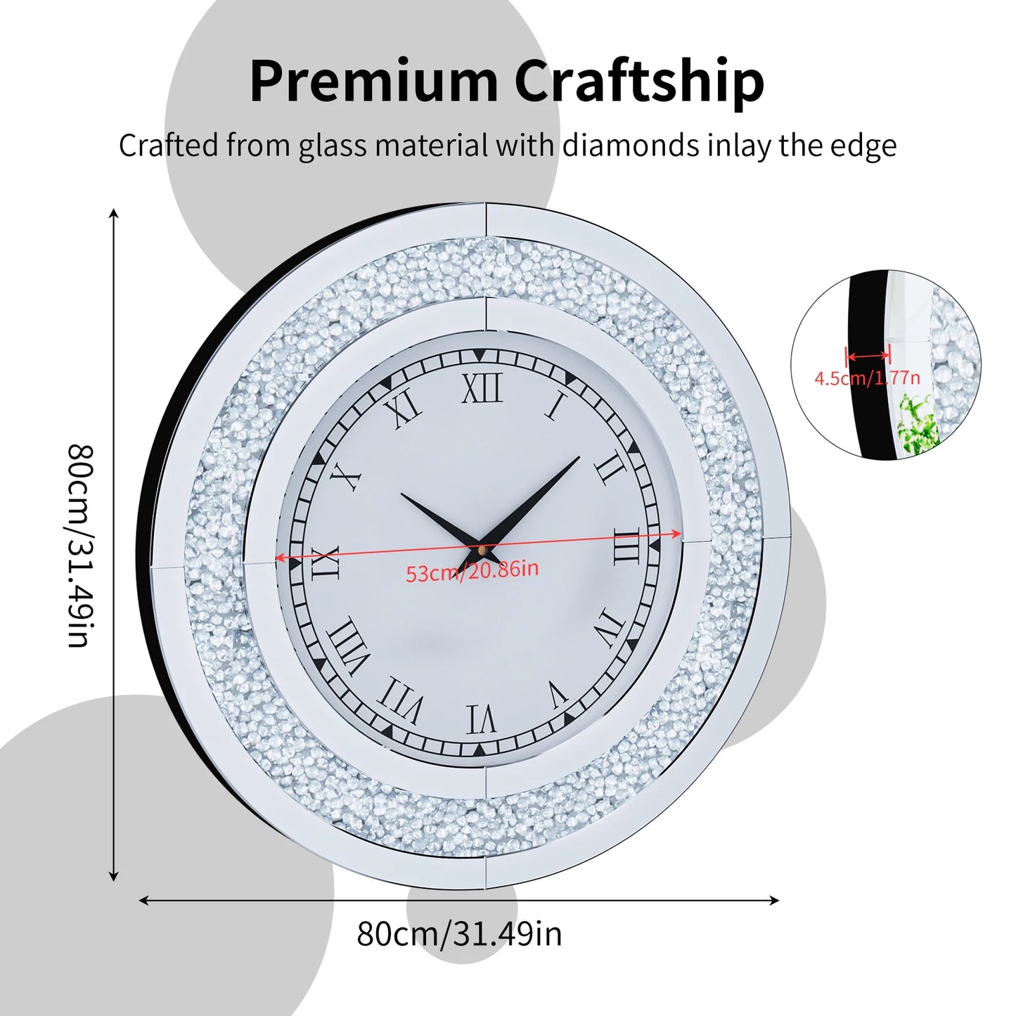 Silver Round Mirror Clock Bling Glam Wall Decor Sparkle 80cm