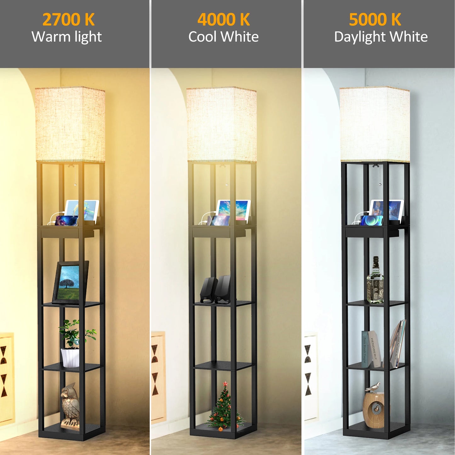 67 Inch Column Floor Lamp With Shelves USB Ports Drawer