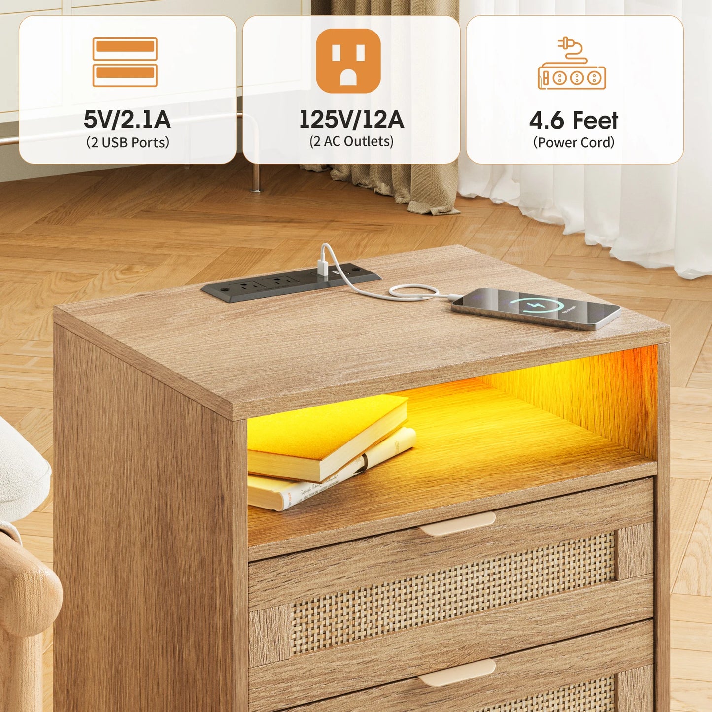 Vabches Rattan Nightstand Set Of 2 With LED And USB Ports