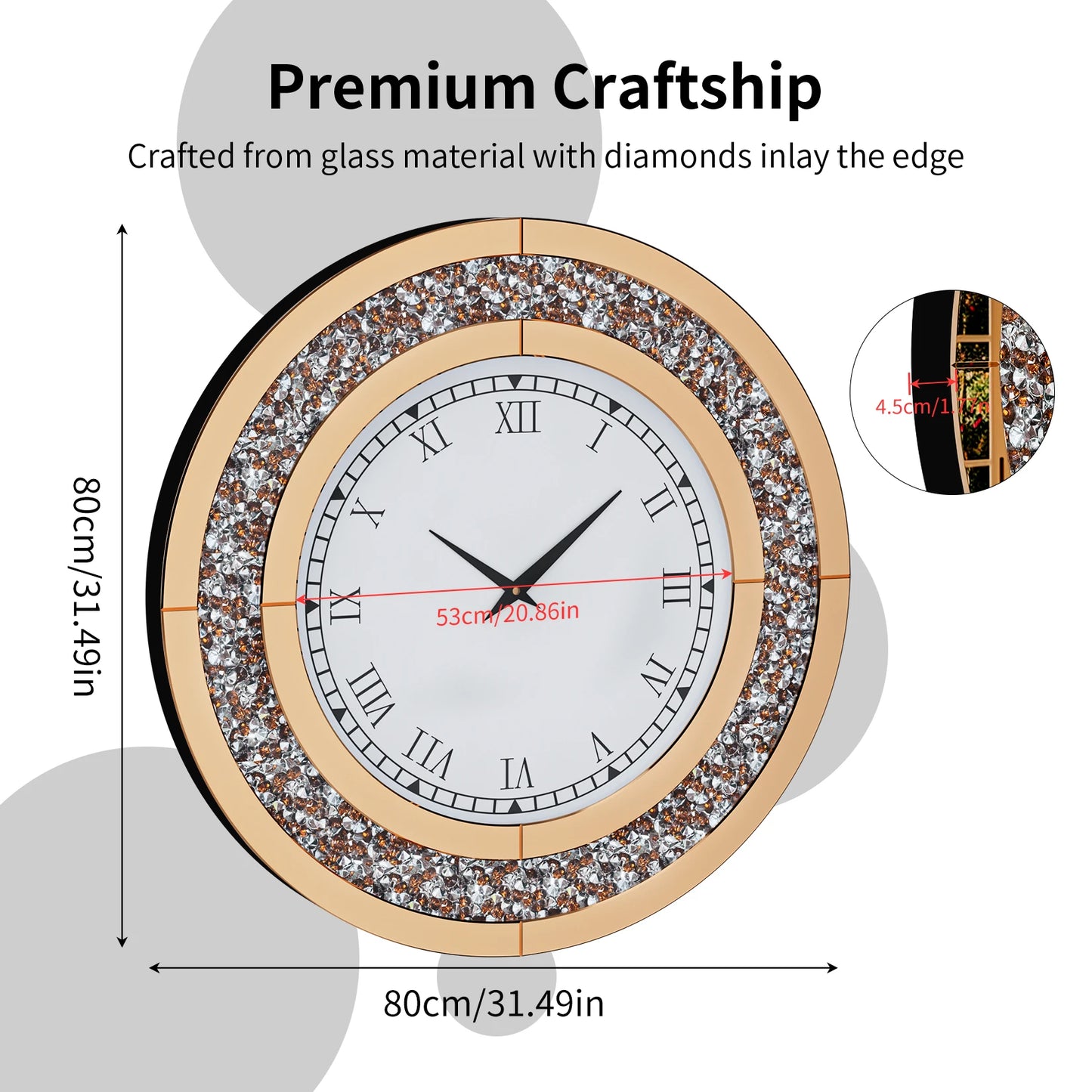 Silver Round Mirror Clock Bling Glam Wall Decor Sparkle 80cm
