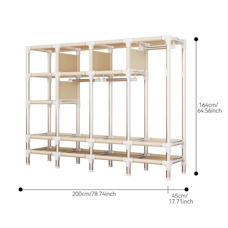 Portable Wardrobe clothes Closet Hanging Organization Metal Frame 5 Storage Compartments 3 Hanging Rods 4 Drawers shoe rack