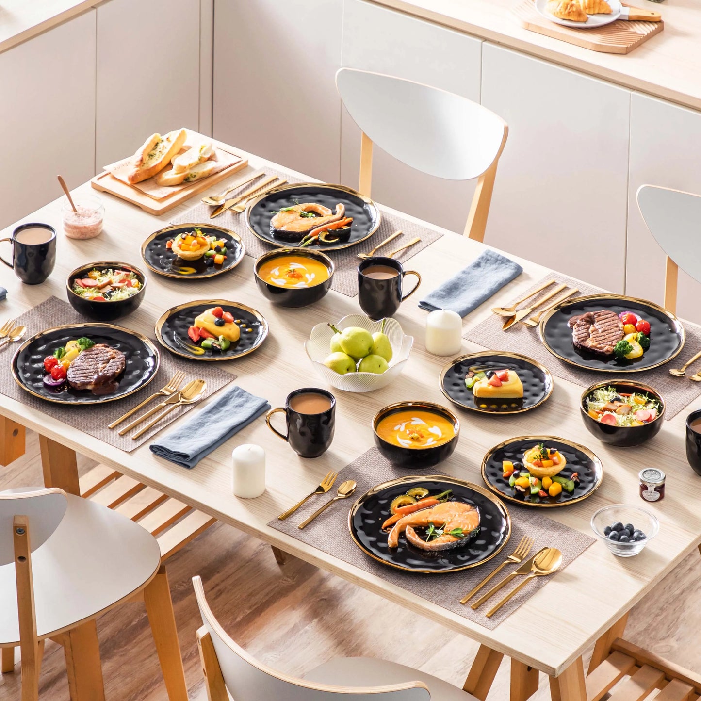 Black Porcelain Dinnerware With Gold Trim 16 And 32 Pieces