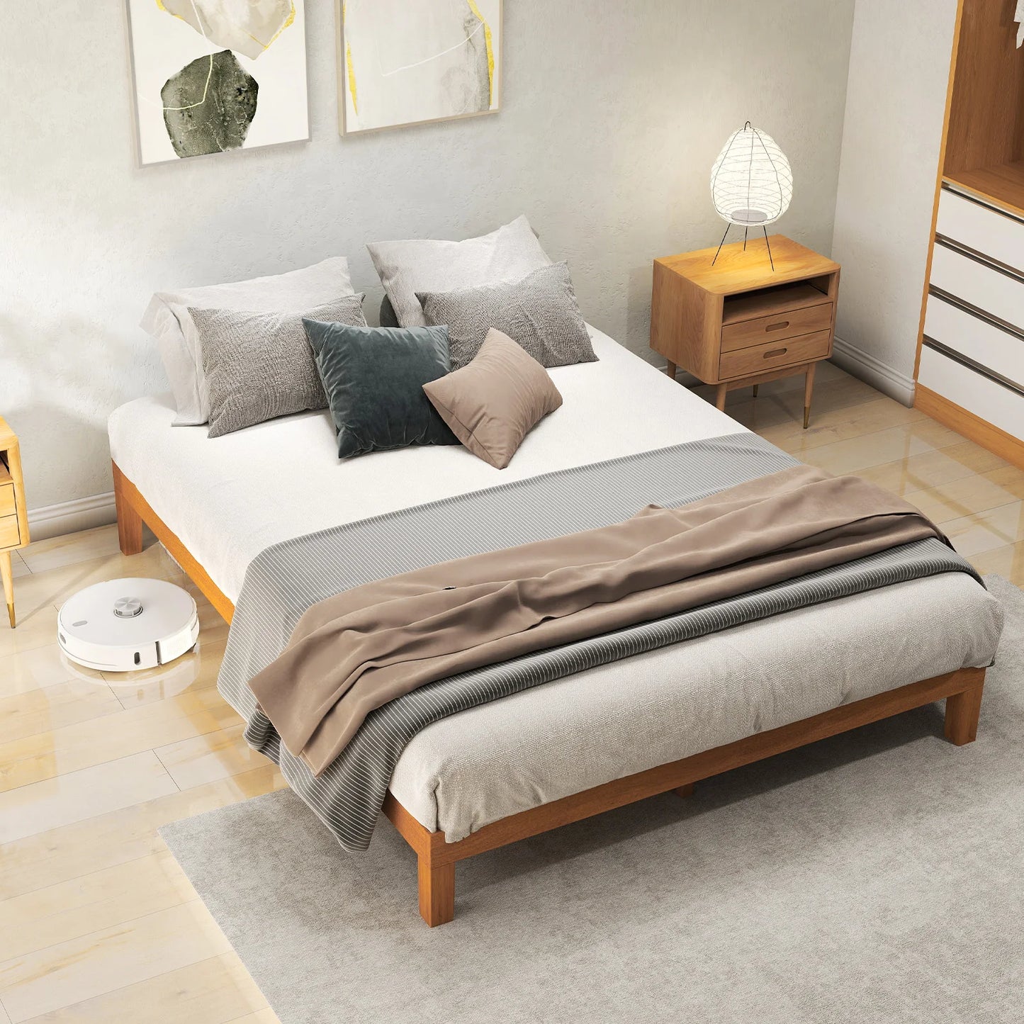 JHK Queen Solid Wood Bed Frame With Sturdy Slat Support