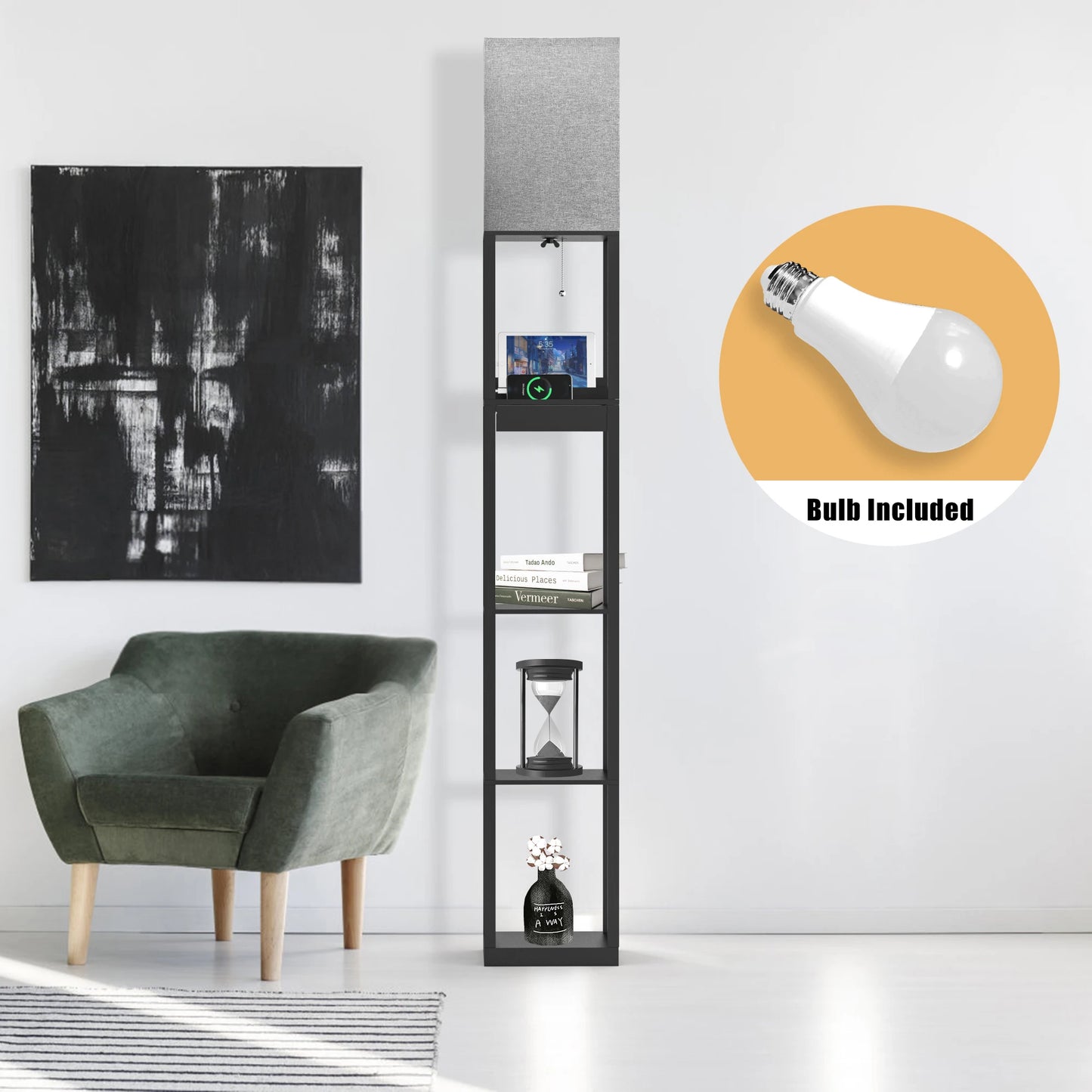 67 Inch Column Floor Lamp With Shelves USB Ports Drawer