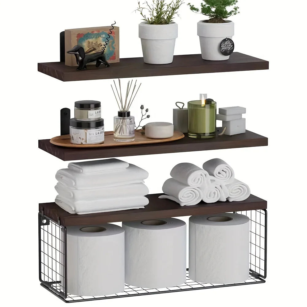 Triple Tier Wall Mounted Floating Shelves Wood Bathroom