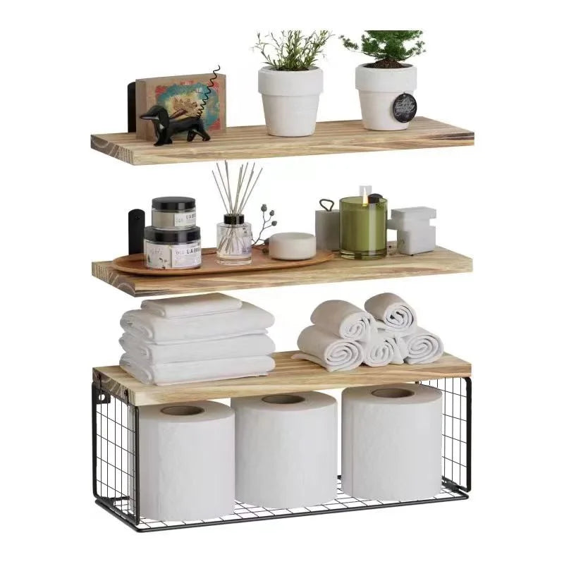 Triple Tier Wall Mounted Floating Shelves Wood Bathroom