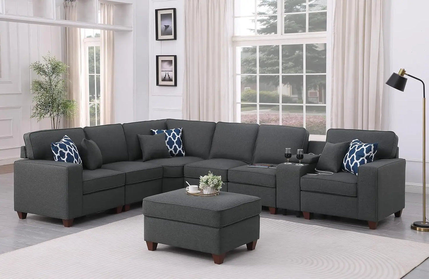 127" L-Shaped Sectional Couch with Movable Ottoman & 6 Throw Pillows,7 Seat Chenille Upholstered Sofa W/2 Cup Holder,USB Port &