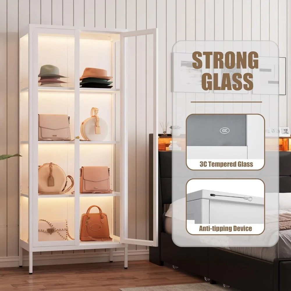 Glass Display Cabinet With Led Lights White Curio 66