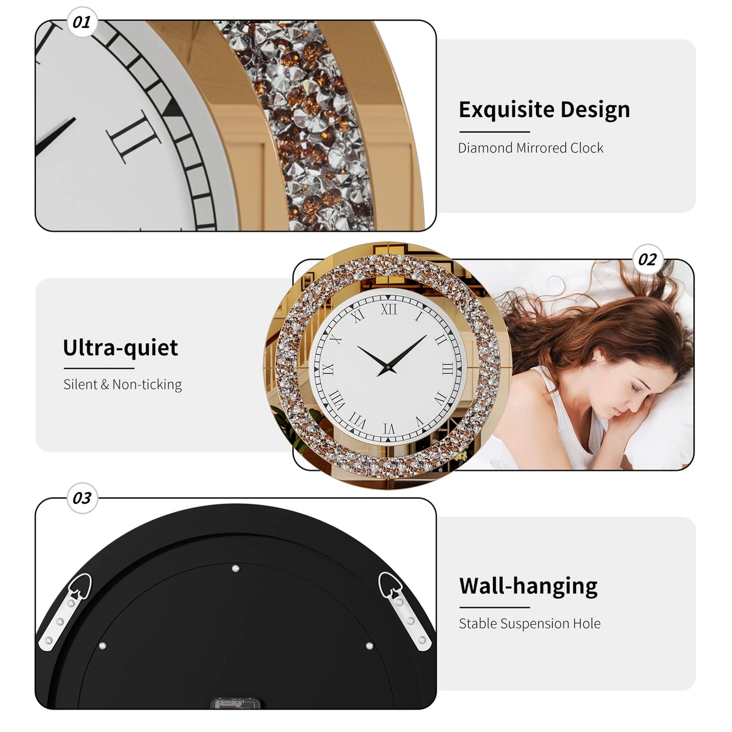 Silver Round Mirror Clock Bling Glam Wall Decor Sparkle 80cm