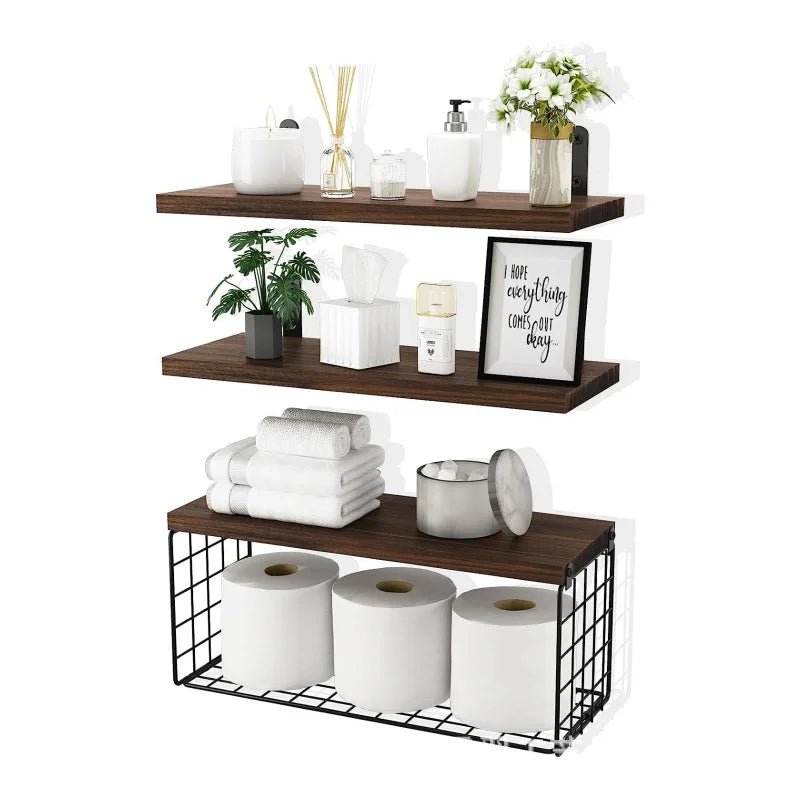 Triple Tier Wall Mounted Floating Shelves Wood Bathroom