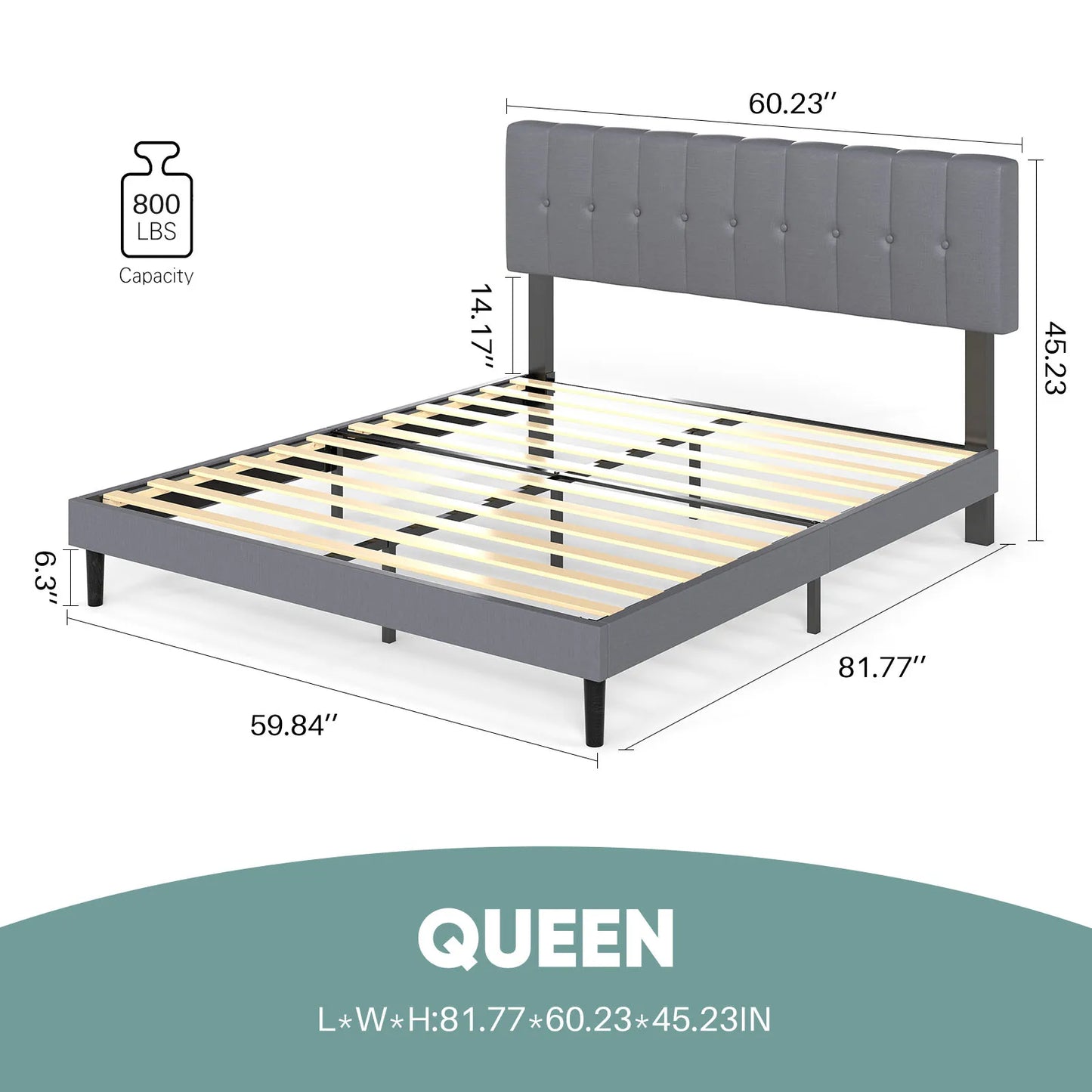 JHK King Solid Wood Bed Frame Upholstered Headboard Slats