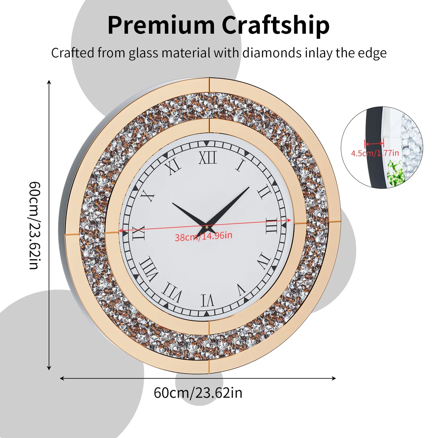 Silver Round Mirror Clock Bling Glam Wall Decor Sparkle 80cm