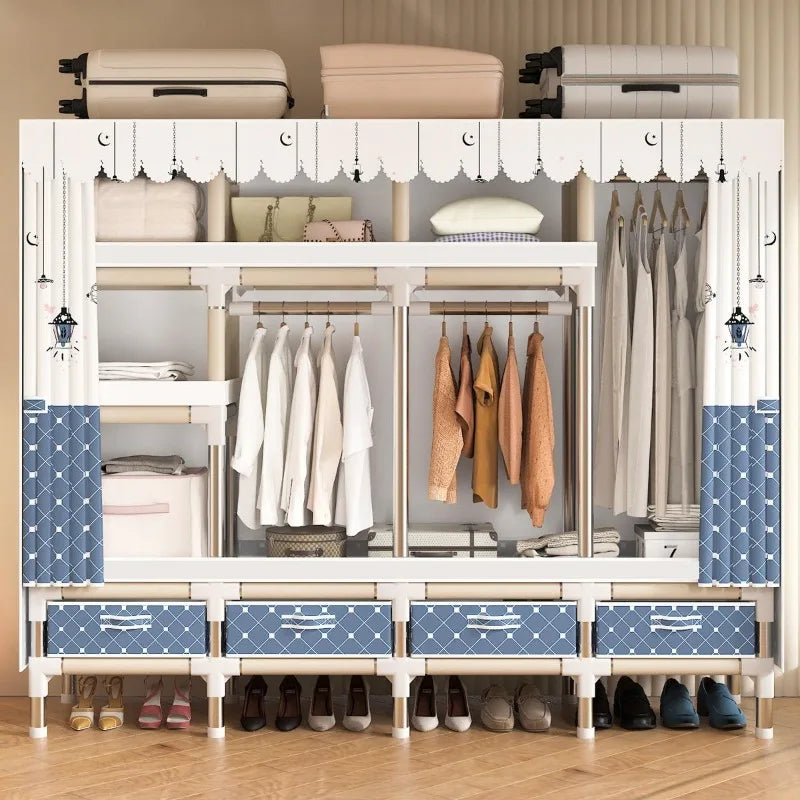 Portable Wardrobe clothes Closet Hanging Organization Metal Frame 5 Storage Compartments 3 Hanging Rods 4 Drawers shoe rack