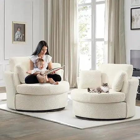 Swivel Barrel Accent Chair Set of 2, 40'' W Teddy Oversized Round Chair, 360° Rotating Modern Upholstered Armchair, Comfy Single