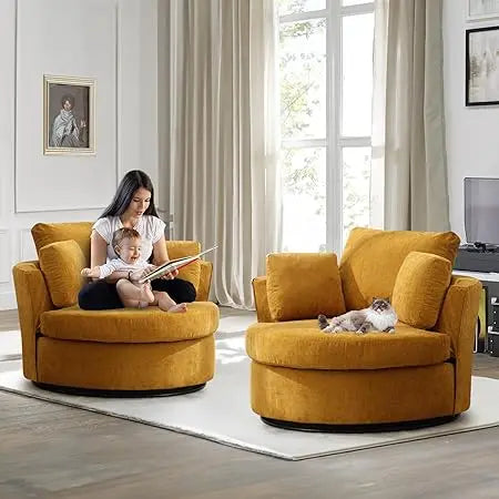 Swivel Barrel Accent Chair Set of 2, 40'' W Teddy Oversized Round Chair, 360° Rotating Modern Upholstered Armchair, Comfy Single