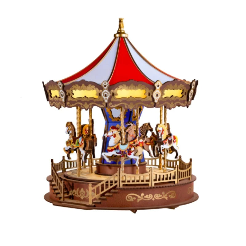 Robotime 3D HandcraftedWooden Carousel Puzzle Music Box LED MulticolorLEDIllumination