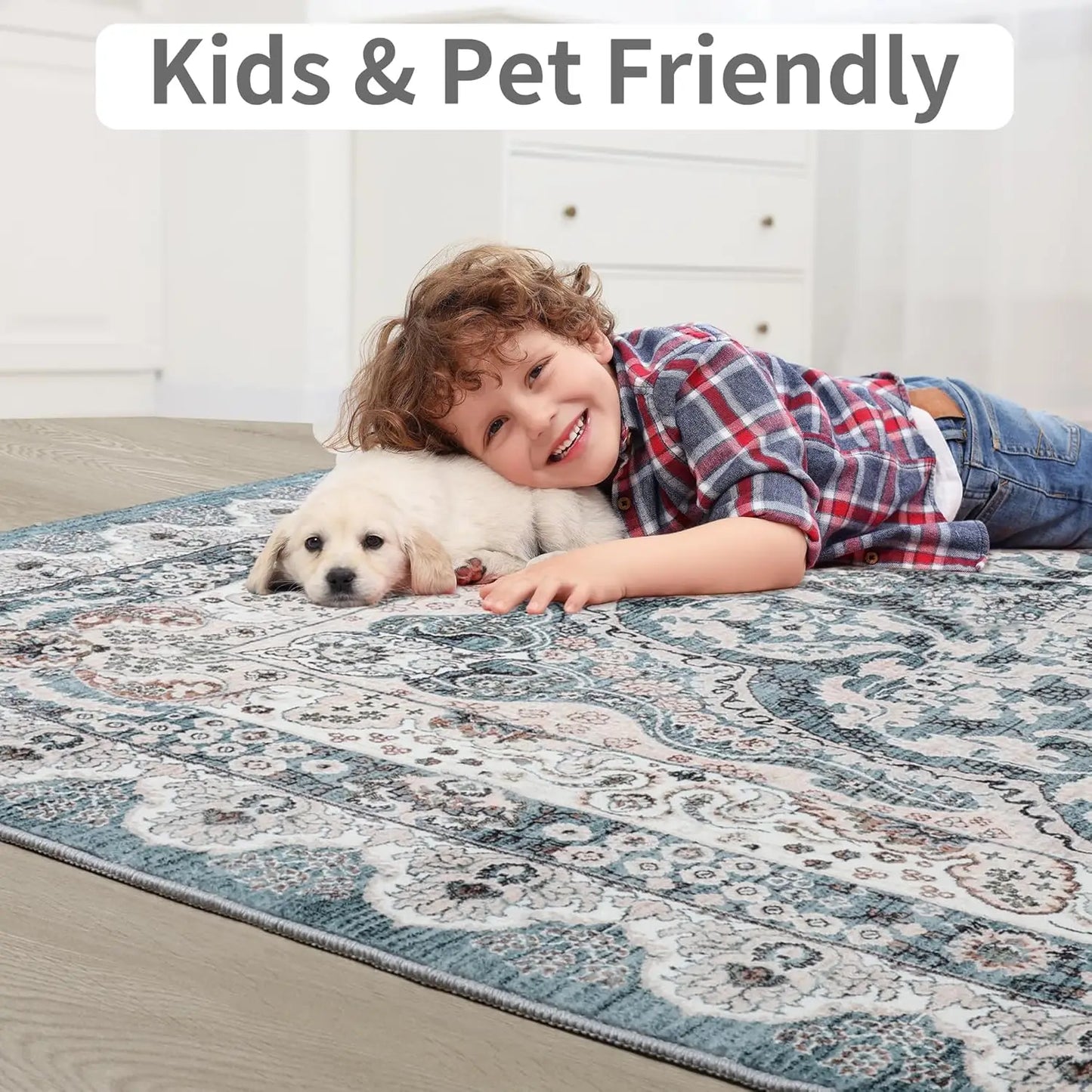 Machine Washable Vintage Area Rug Non Slip Low Pile Backing