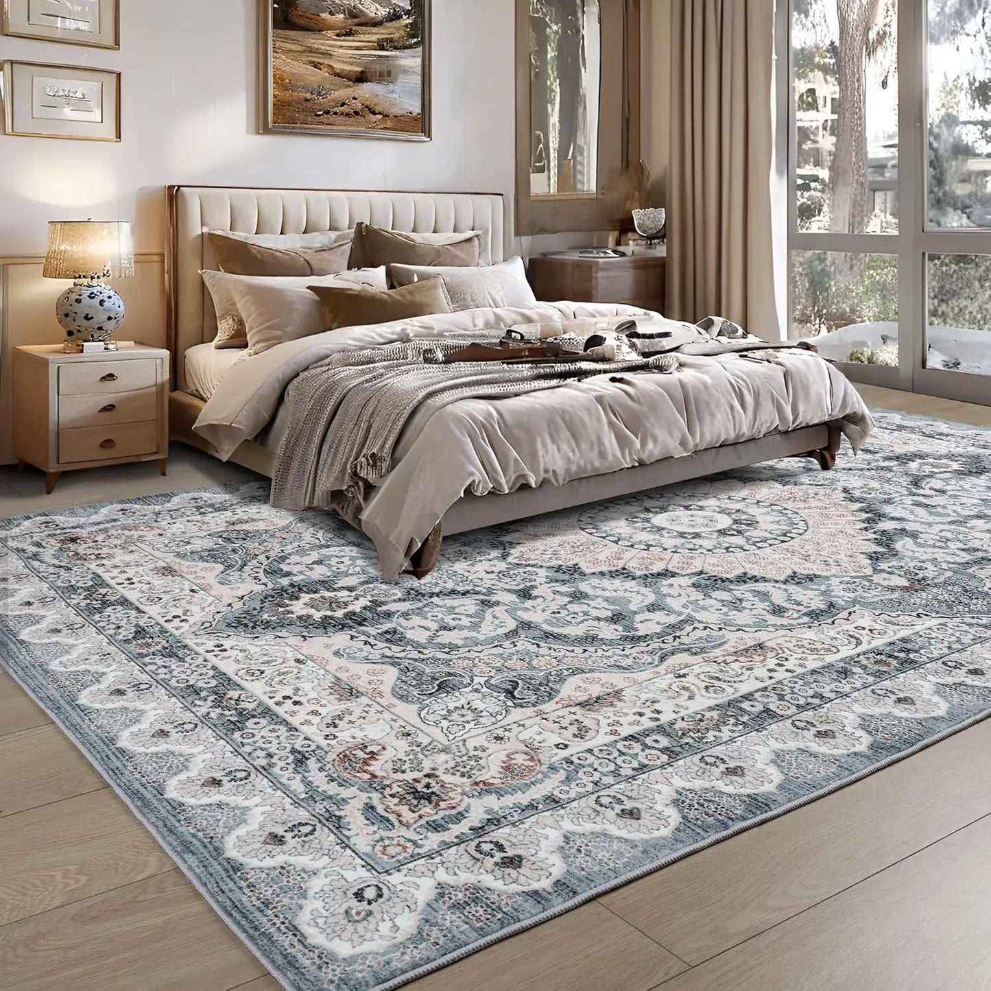 Machine Washable Vintage Area Rug Non Slip Low Pile Backing
