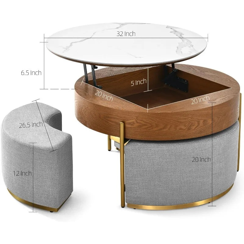 32 Round Marbling Slate Coffee Table With 3 Stools Set