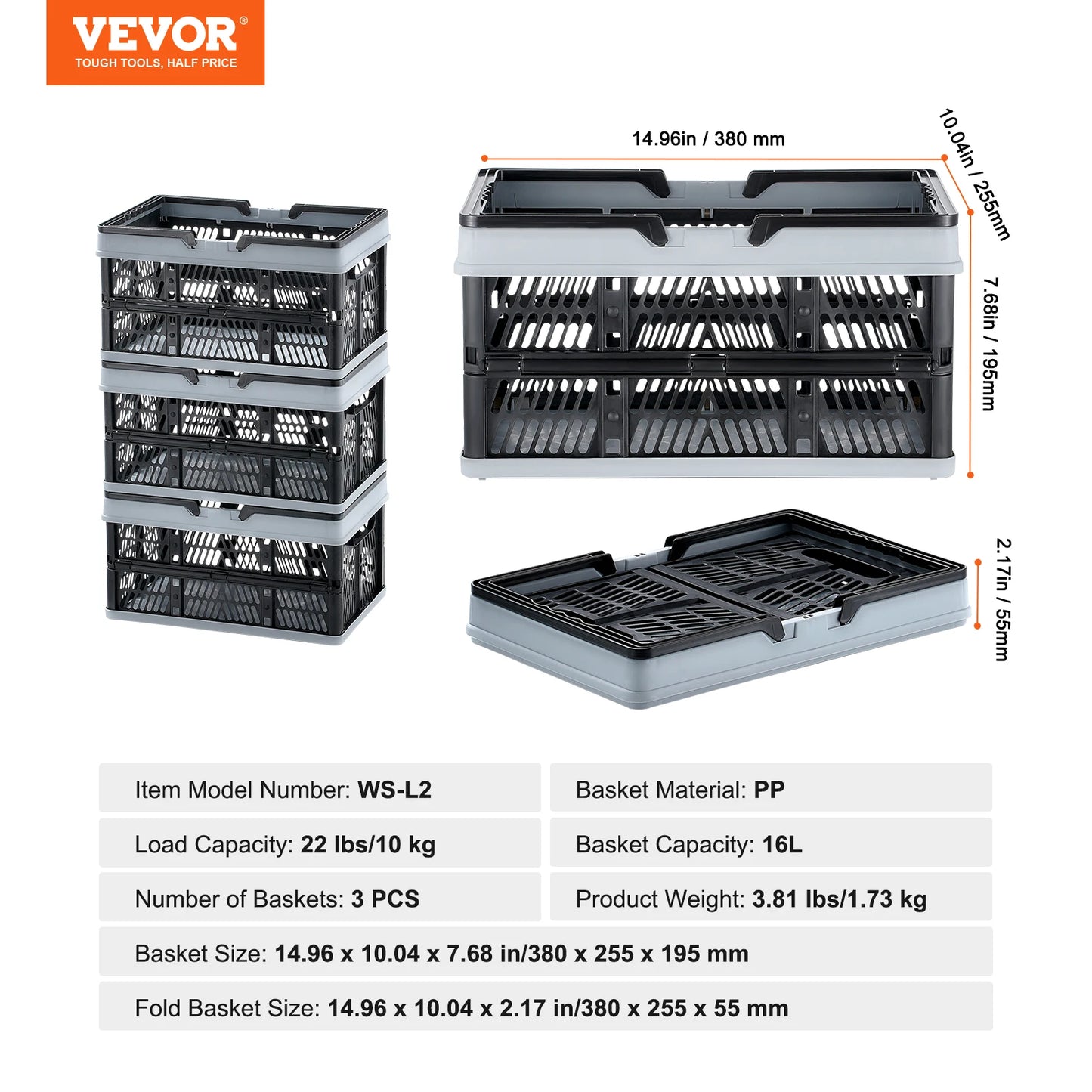 Three Pack Foldable Storage Baskets With Handles Kitchen