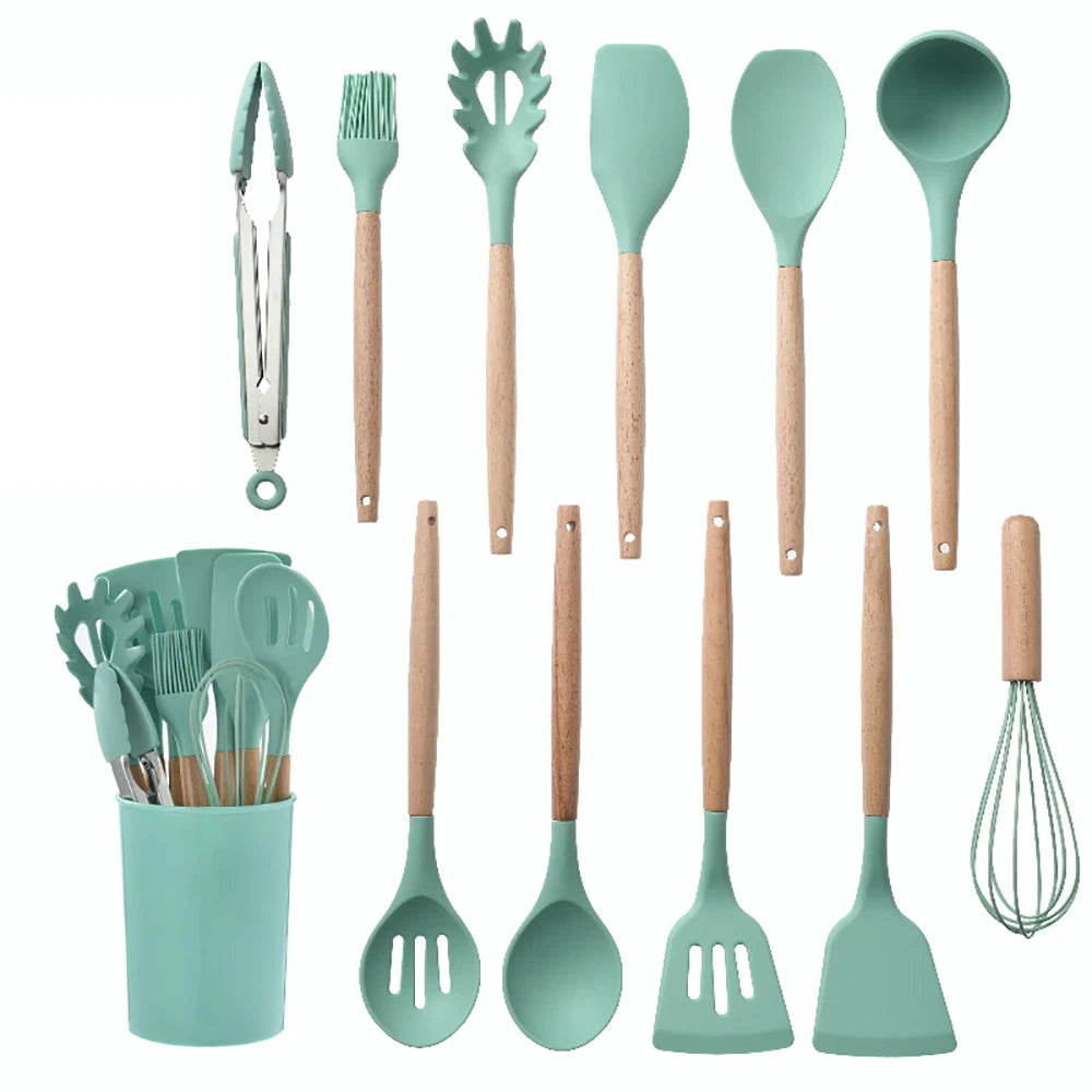 Silicone Kitchen Utensils With Wooden Handle Spatulas