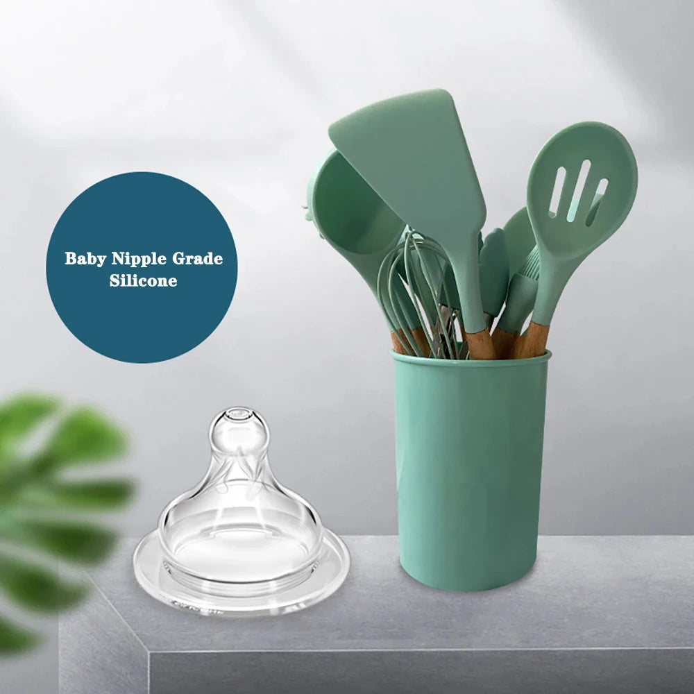 Silicone Kitchen Utensils Set Nonstick With Wooden Handles