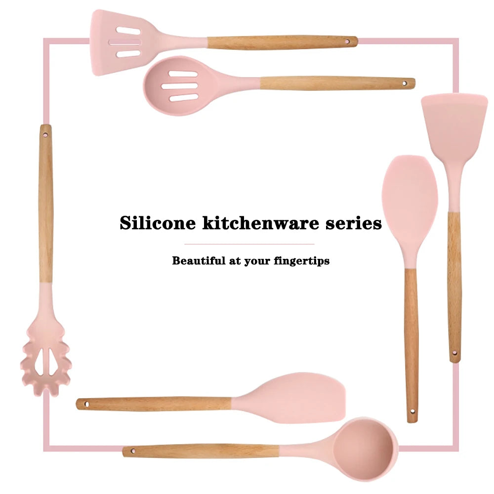 Silicone Kitchen Utensils With Wooden Handle Spatulas