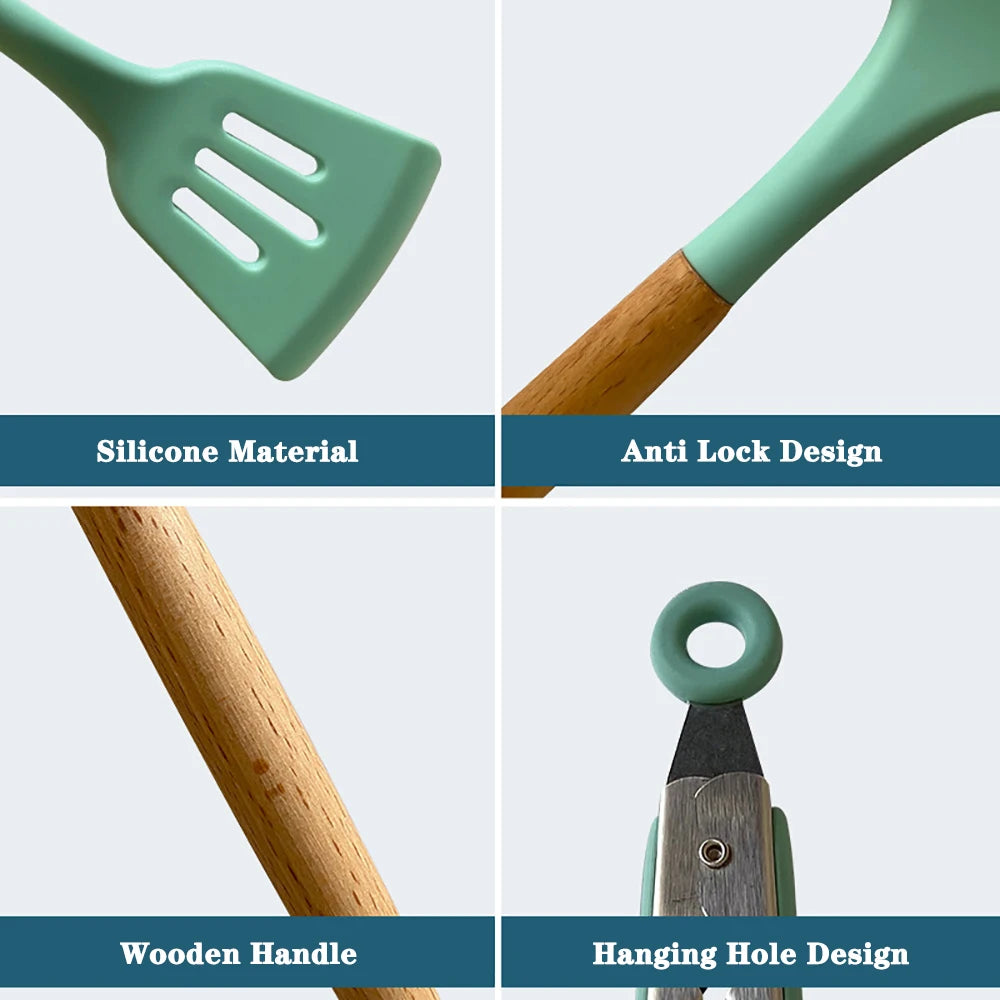 Silicone Kitchen Utensils With Wooden Handle Spatulas