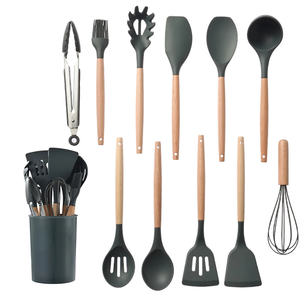 Silicone Kitchen Utensils Set Nonstick With Wooden Handles