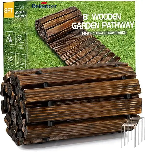 RELIANCER 8' Wooden Garden Pathway,Outdoor Roll Out Cedar Straight Walkway,Patio Path Decorative Garden Boardwalk Walkways,Weath