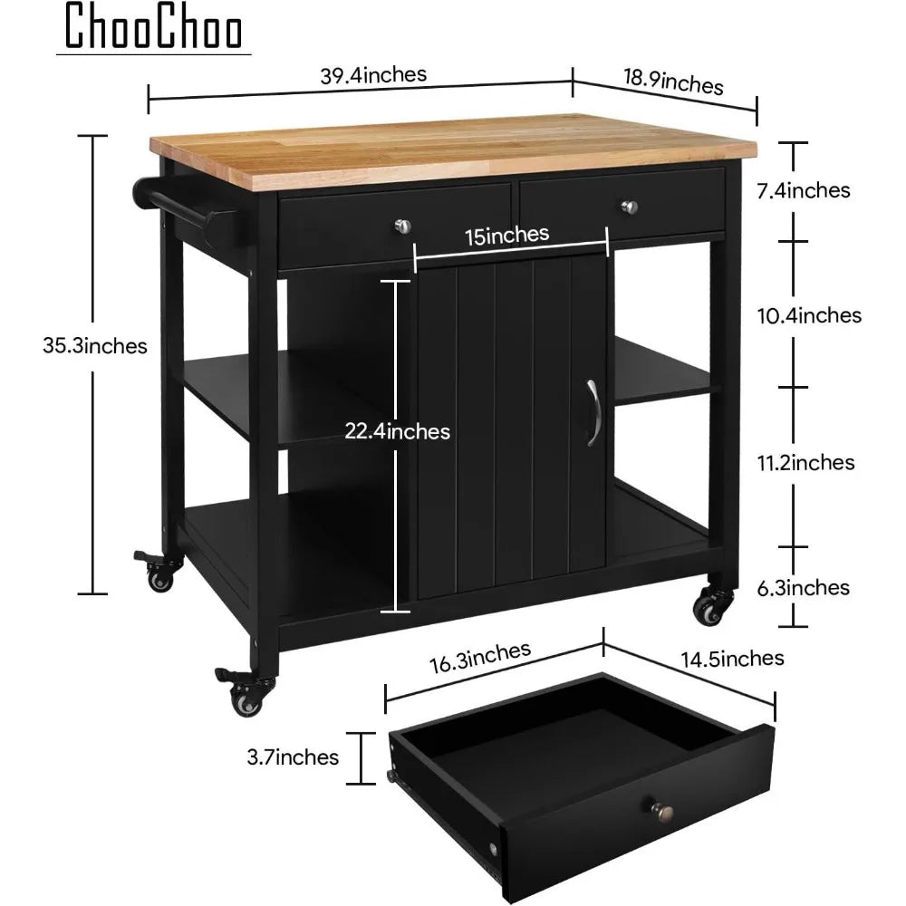 HOME. - Kitchen Islands on Wheels with Wood Top, Utility Wood Movable Kitchen Cart with Storage and Drawers, Black