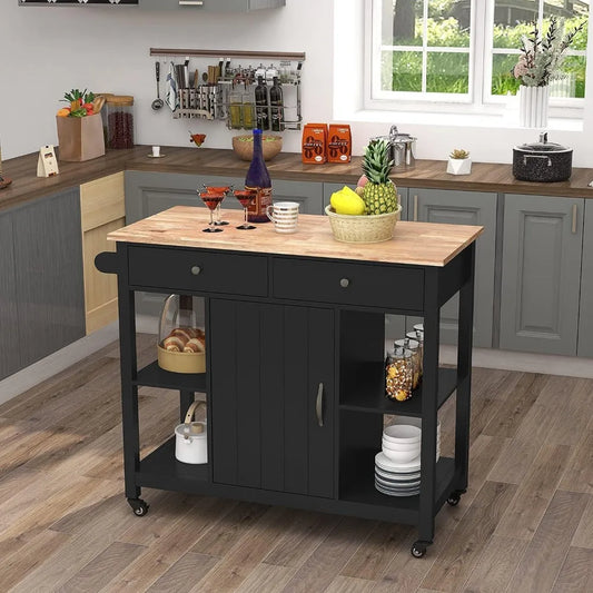HOME. - Kitchen Islands on Wheels with Wood Top, Utility Wood Movable Kitchen Cart with Storage and Drawers, Black